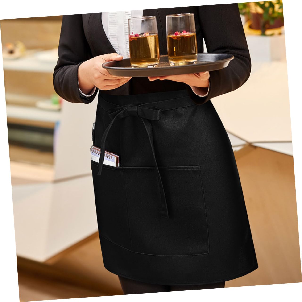 LIFKOME 5 pezzi Grembiuli da Cameriere Mezzo Corto Neri con Tasche Design Unisex con Fascia Lunga in Vita Comfort e Libertà di per Staff Ristoranti Caffè e Milk Tea Shop