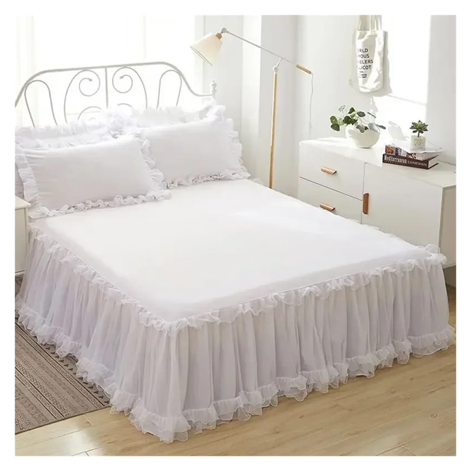 Falda de Cama Princesa, Funda colchón Antideslizante, Encaje Volantes, Falda, Colcha Protectora con 2 Fundas Almohada, 1 ud(White,Skirt 150x200cm)