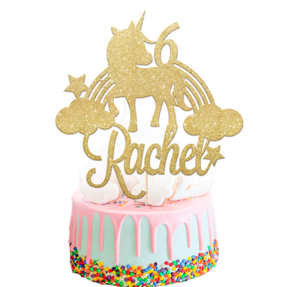 Personalised Unicorn Cake Topper Multicolor Cake Decoration with Unicorn Design Custom Any Name & Age Birthday Cake Topper 1st 3th 7th 13th 15th 18th 21st 30th (Champagne Gold)