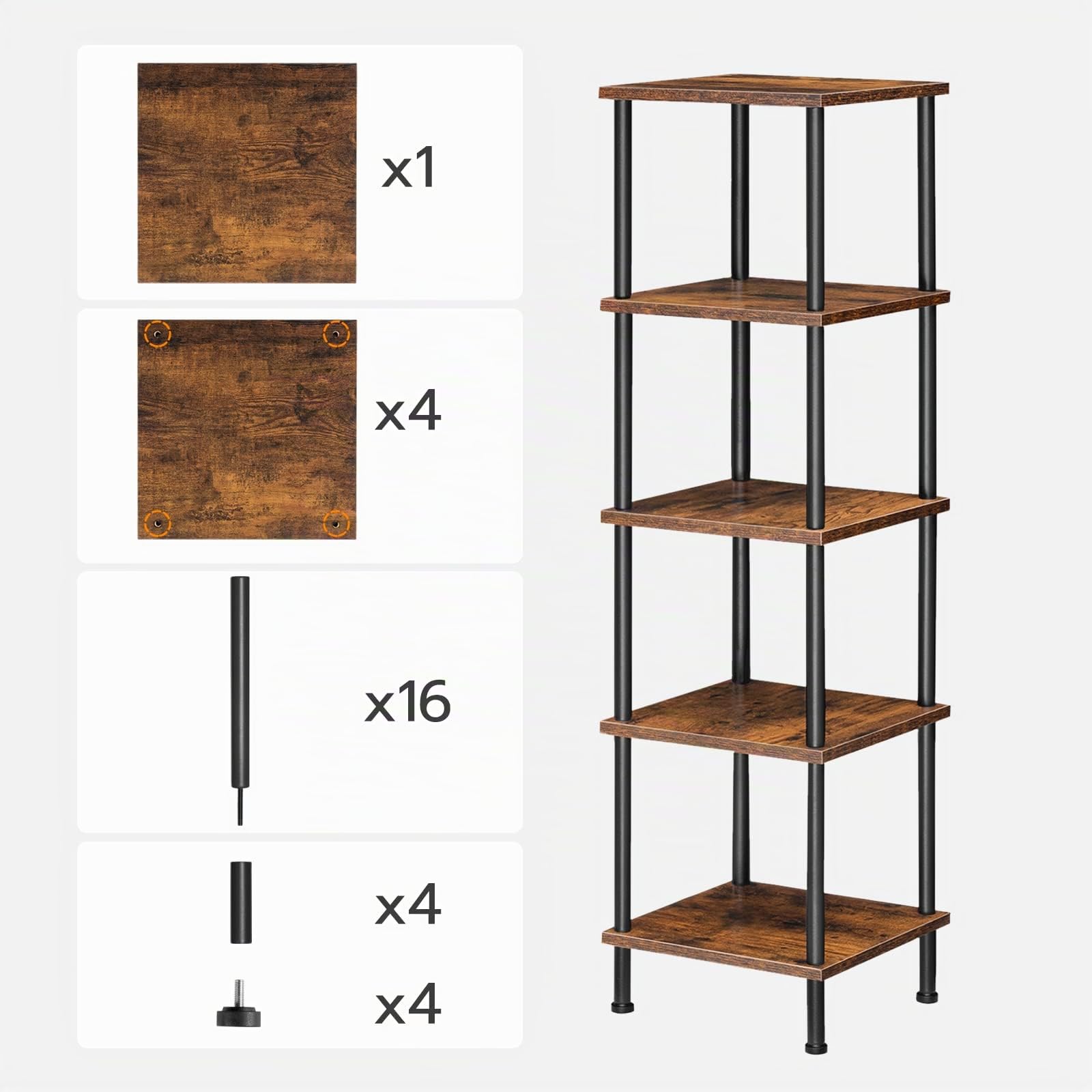 HOOBRO Regal, Bücherregal mit 5 Ebenen, schmales Eckregal, Standregal, Industrial Regal, Lagerregal, Büroregal, offene Ablagen für Wohnzimmer, Schlafzimmer, Balkon, Küche, Vintagebraun EBF50CJ01