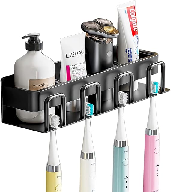 Toothbrush Holder Wall Mounted,Electric Toothbrush Organiser Box,No Drilling Aluminum Alloy Space Saving Bathroom Storage Rack with 4 Toothbrush Slots for Toothbrush Toothpaste Razor Shower-Black