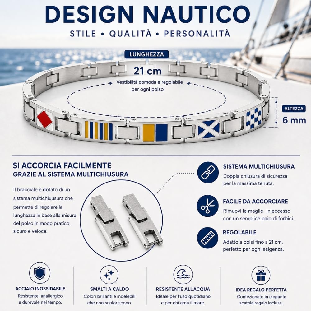 Bracciale Uomo con Bandiere Nautiche in Acciaio Inox e Smalto – Stile Mare Estate Vela Nautico – Idea Regalo Uomo