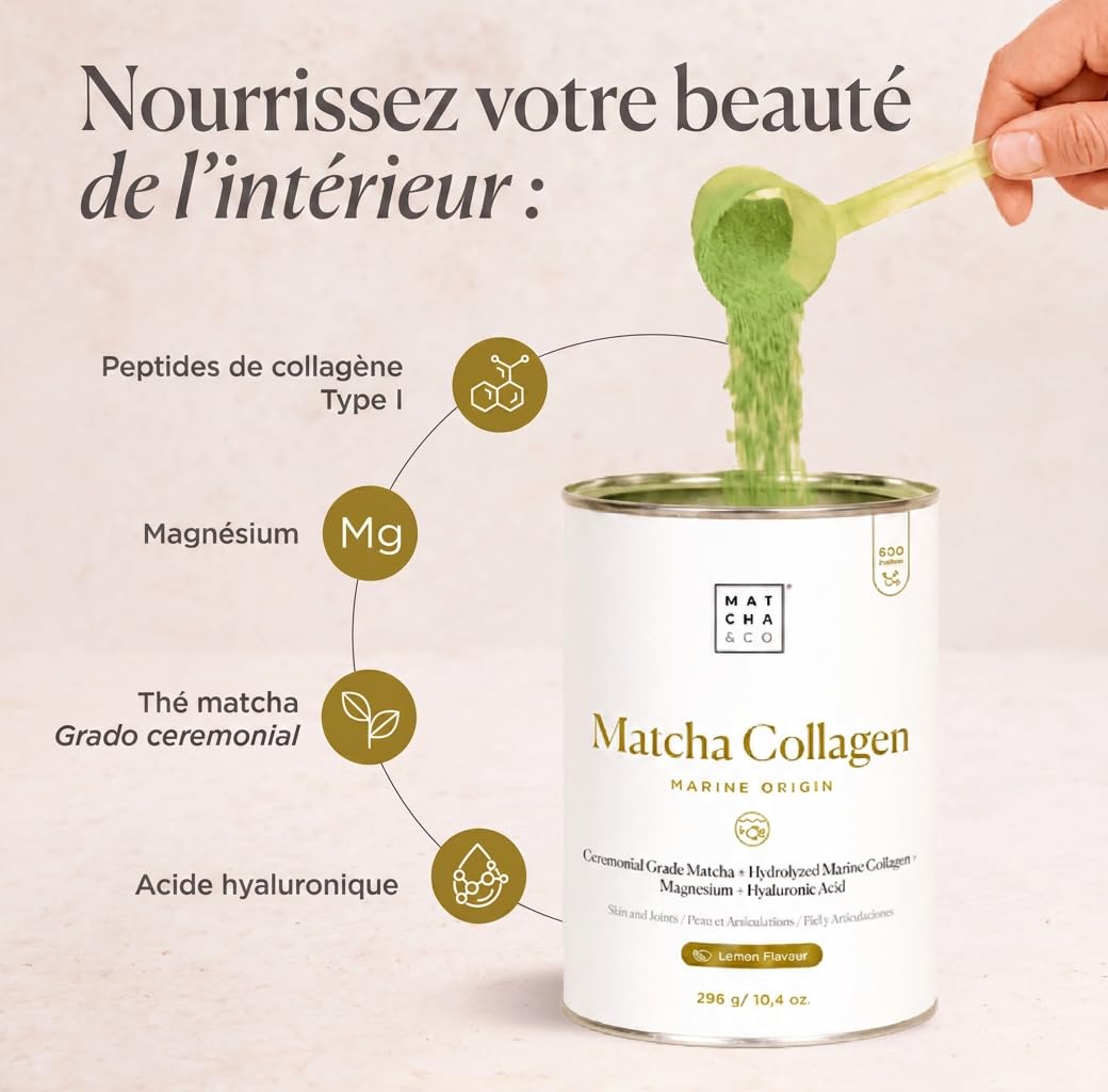 Matcha Collagène Marin en Poudre avec Magnésium et Acide Hyaluronique – Saveur Matcha Citron – Pour Articulations, Peau et Ongles – 296 g