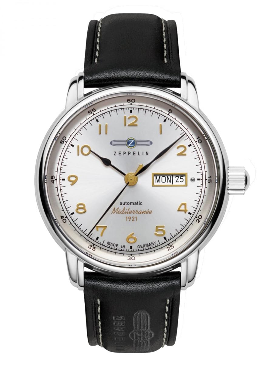Zeppelin 9664-1 Méditerranée Montre automatique pour homme 40 mm | Fabriqué en Allemagne, cadran argenté, mouvement automatique, bracelet en cuir, date et jour de la semaine, 5 ATM