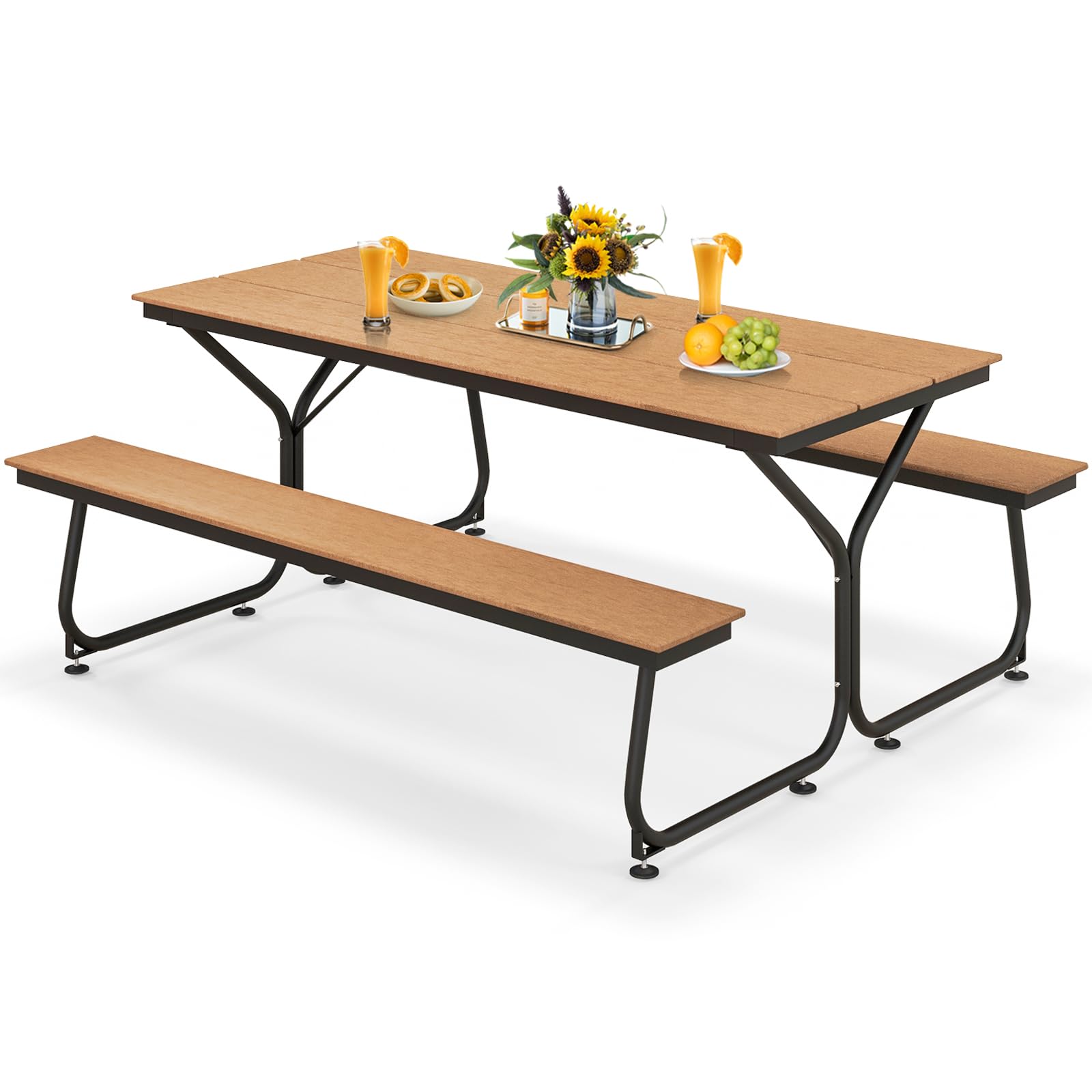 TANGZON 183CM Picnic Table Bench Set, Heavy-Duty Camping Table and 2 Benches with Umbrella Hole & Adjustable Foot Pads, Outdoor Dining Table Chair Set for Garden Patio Deck Balcony (Brown)