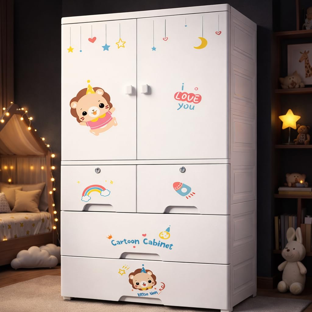 AYSIS Kids Plastic Collapsible Wardrobe Organizer for Storage with Drawers | Cute Cartoon Design | Heavy Duty Cloth Organizer for Storage | Easy to Assemble | Perfect for Kids Room & Home | Lionwhite-picture-29