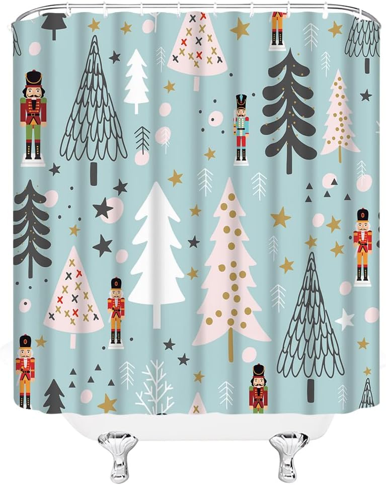 Christmas Tree Shower Curtain The Nutcracker Pink Gray Xmas Tree Star Funny Cartoon Blue Merry Christmas Winter Holiday Fabric Bathroom Decor Curtain with Hooks
