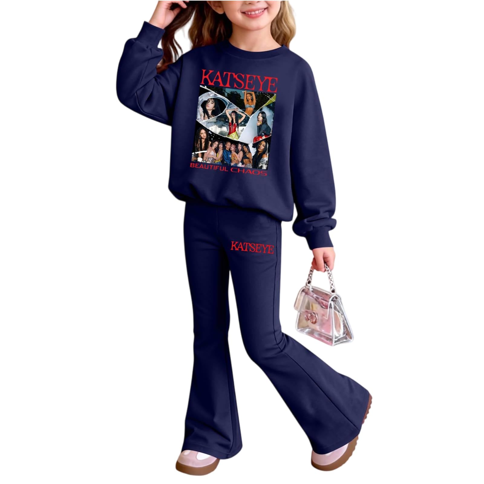 Katseye Merch, Kids KATSEYE Tracksuit 2-Piece, Girls Boys Teens Oversized Outfit Long Sleeve Sweatshirts and Loose Sweatpants Bell Bottoms Pants Activewear Sets for Fans