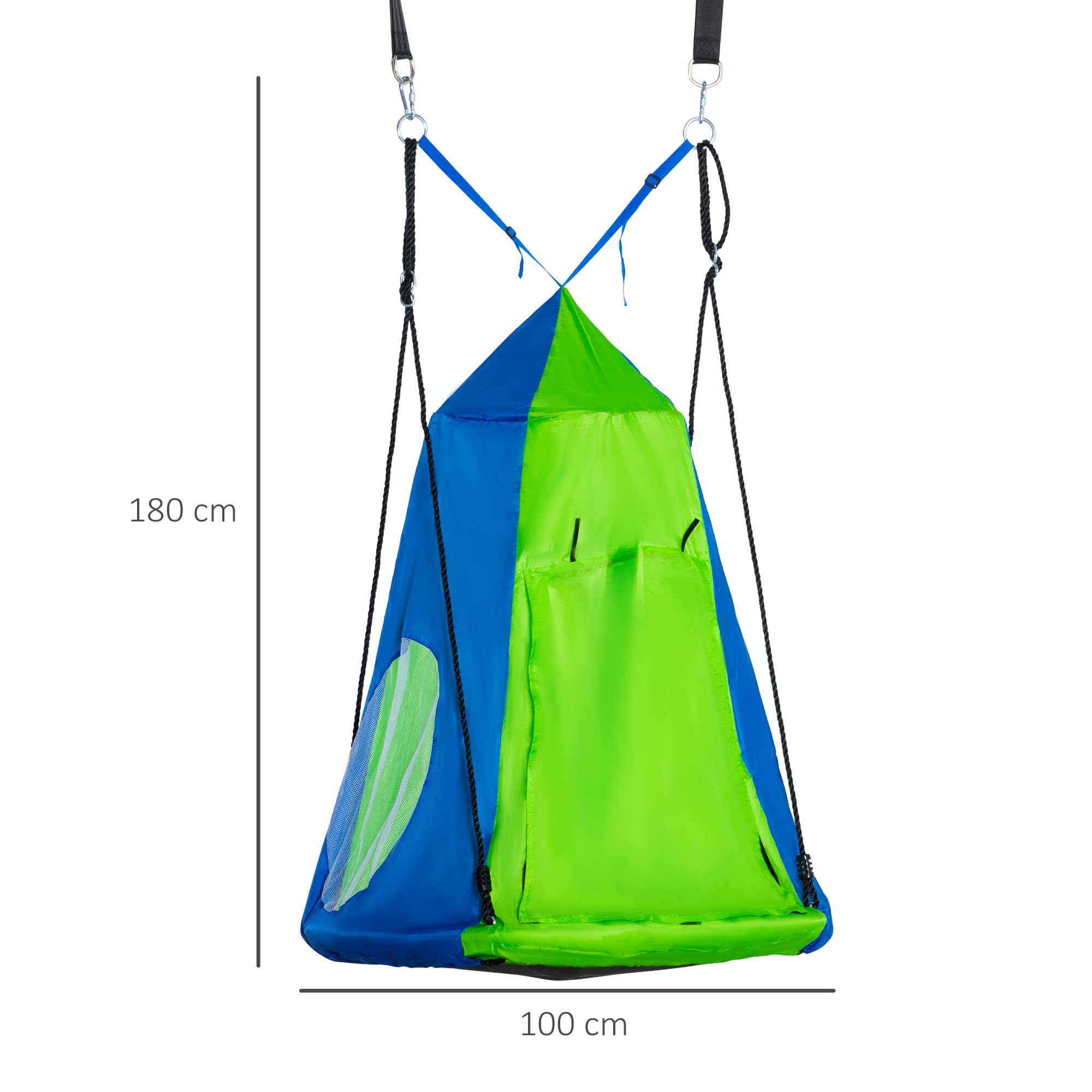Outsunny Columpio con Tienda Infantil Columpio Nido con Puerta Enrollable y 2 Ventanas de Malla para Niños y Adultos Carga MAX. 200 kg Interior y Exterior Ø100x180 cm Verde y Azul