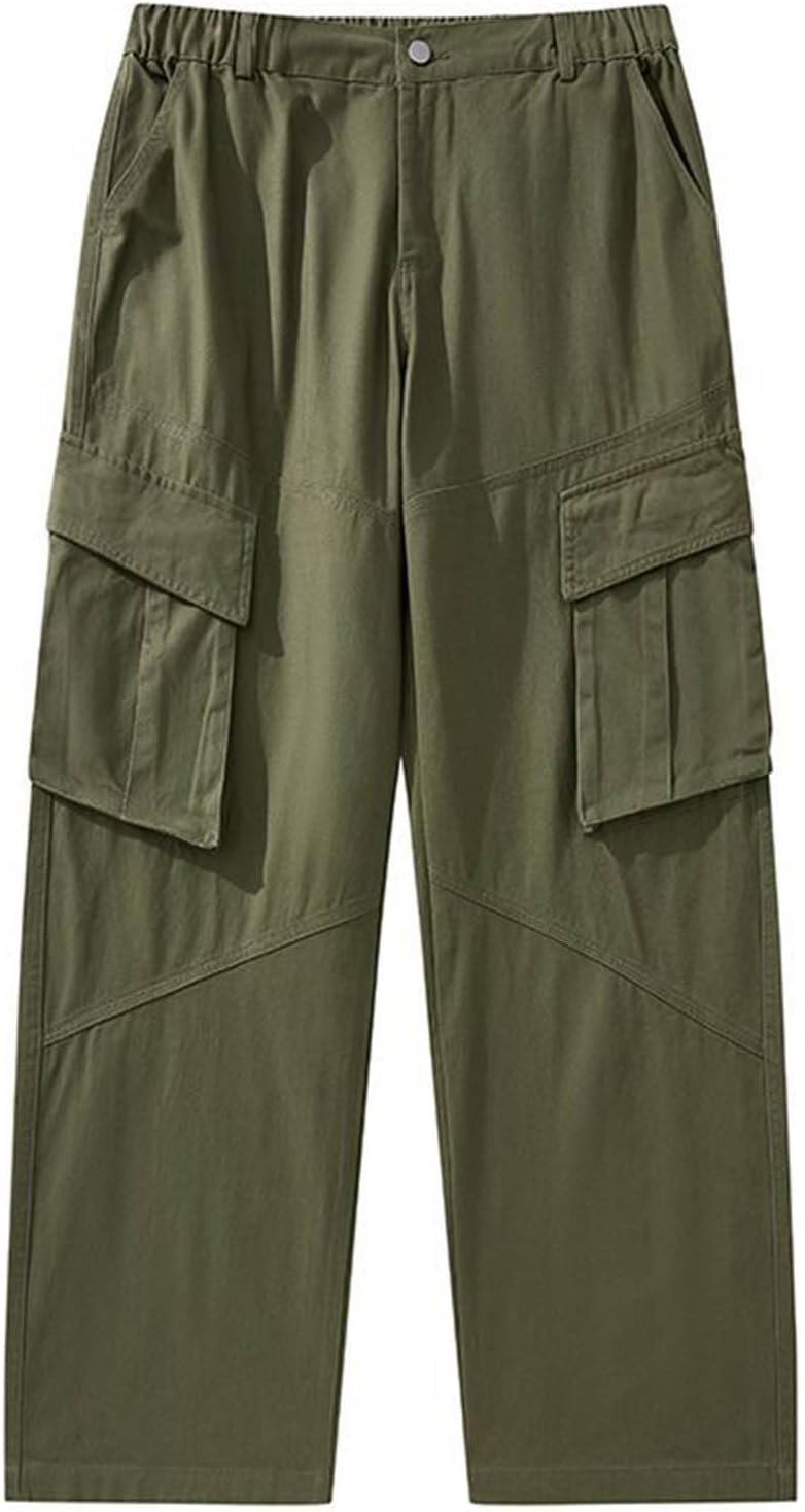 Summer Straight Pants for Mens Button Fly Elastic Waist Cargo Pants Baggy Straight Leg Trousers with Multi Pockets