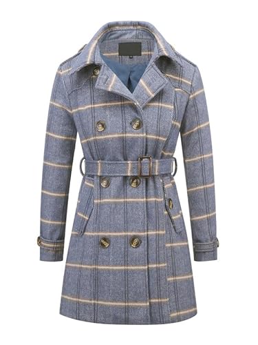 Rasujie Womens Pea Coat Double Breasted Wool Coat Long Winter Trench Coat with Belt Light Blue Plaid Large