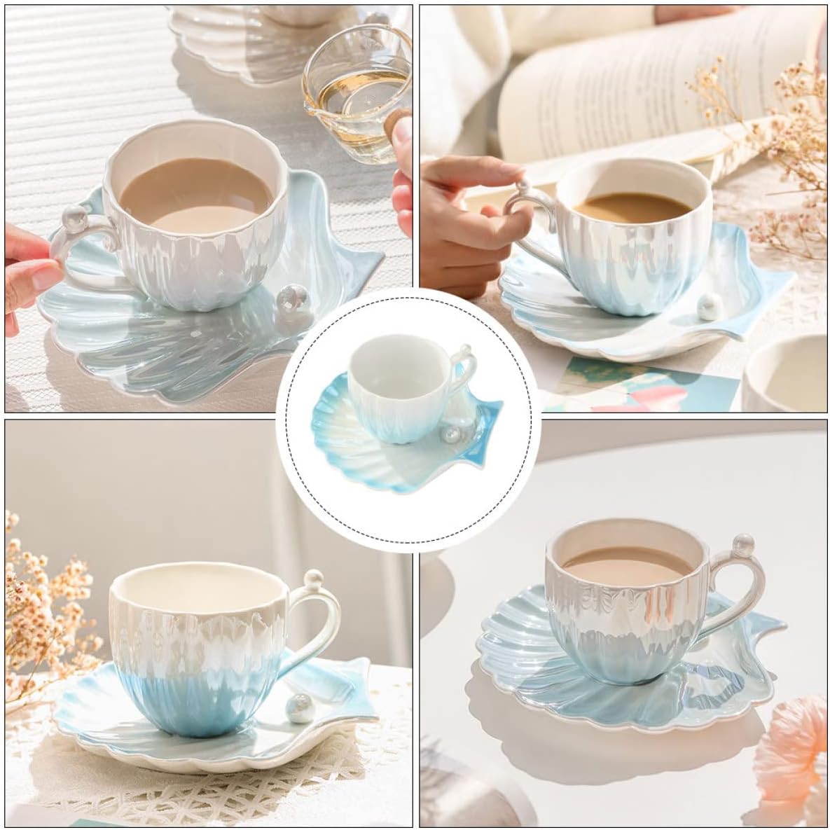 KICHOUSE 2 sets Sea Beverages Pot Shaped Spoon Kitchen Demitasse Tea Creative Mermaid Mug Nautical Serving House- Blue Office Cappuccino Present Cup Espresso Specialty
