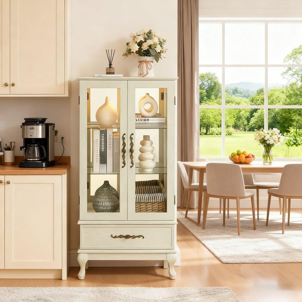 Antique White Glass Display Cabinet, Lighted Curio Cabinet with 2 Doors, 1 Drawer & Adjustable Shelves - Wine Storage