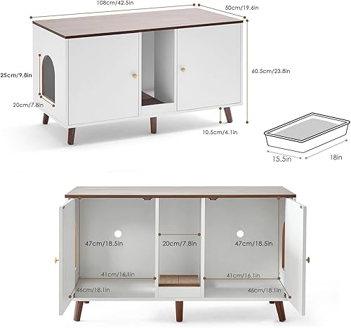 Caja de arena para gatos, mueble oculto para 2 gatos con gran espacio, armario interior para casa de mascotas, 42.5 x 19.6 x 23.8 pulgadas, color