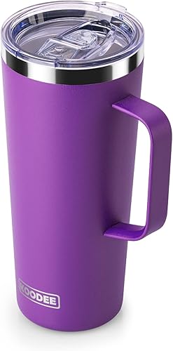 koodee Vaso aislado de 24 onzas con asa, acero inoxidable, doble pared, taza de café de viaje con tapa, a prueba de sudor y derrames (morado)