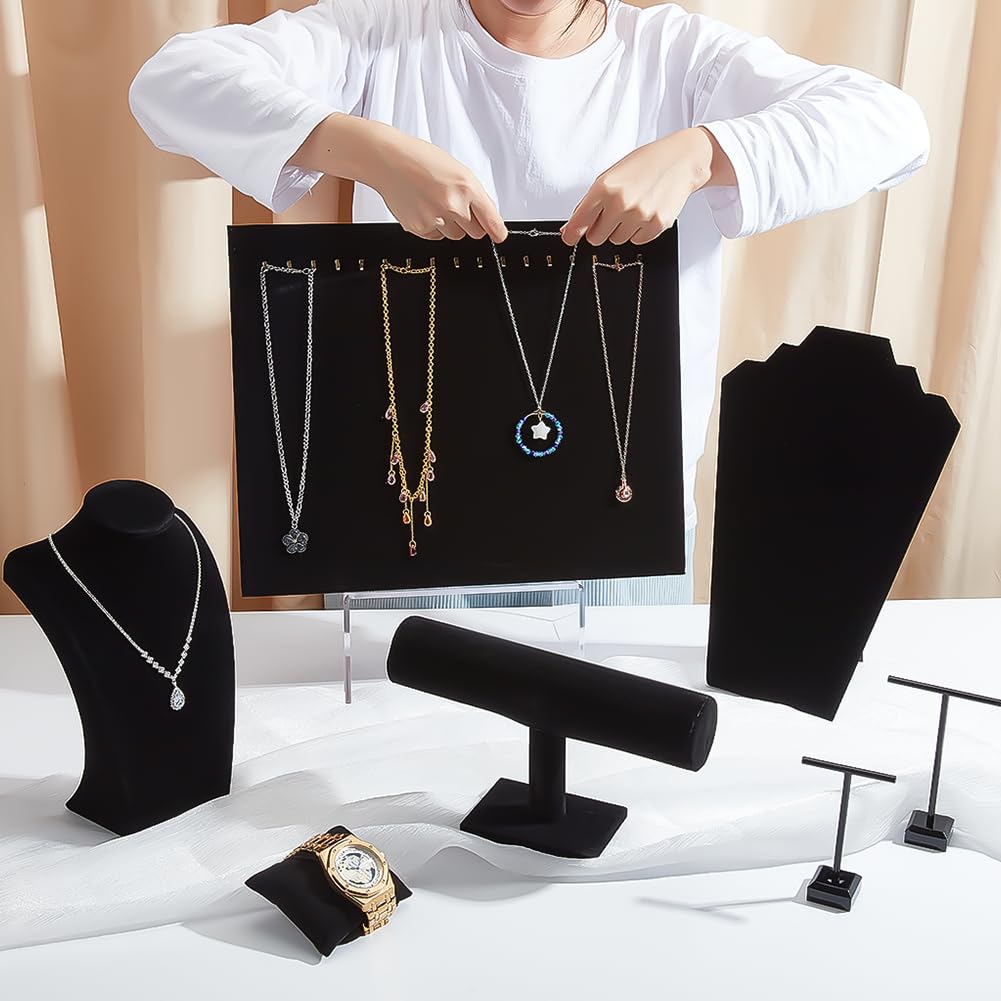 PH PandaHall Set di espositori per gioielli in velluto, 7 pezzi, nero, con barra a T, supporto per braccialetti, orecchini, espositori per orecchini, organizer per orologi, per la vendita di negozi e