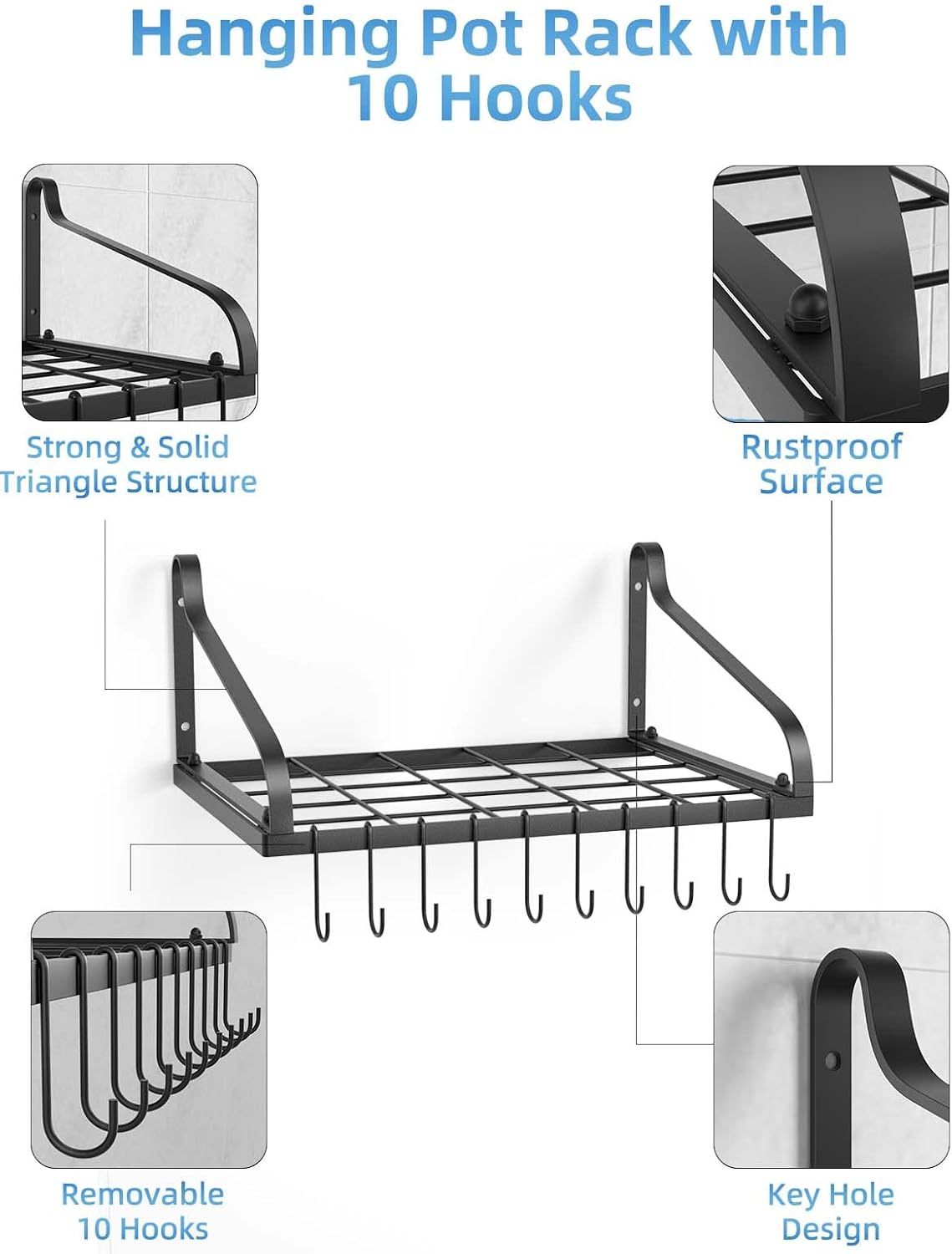 Pots and Pans Organizer - MUDEELA Hanging Pot Rack with 10 Hooks Wall Mounted Pot Pan Rack, Kitchen Wall Shelves for Cookware, 2 DIY Methods, Ideal for Pots Set, Utensils, Cookware : Home & Kitchen
