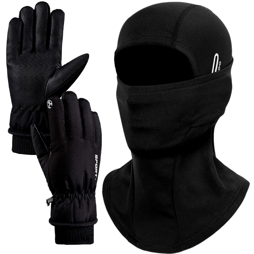 Wfkkmeq Men's B Winter Alaclava Gloves Set, Warm Face Mask Coldproof Touchscreen Ski Gloves Windproof Fleece Thermal Winter Scarf Mask Weather Anti Slip Ski Glove For Cycling Climbing Running Hiking Lack