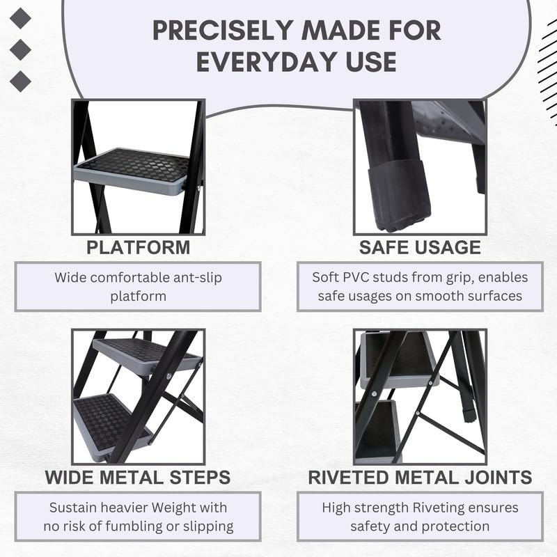 Image of TNT The Next Trend 5 Step Steel Step-Ladder for Home | Heavy Duty Foldable Ladder with Wide Ant-Slip Steps and Anti-Skid Shoes - Black