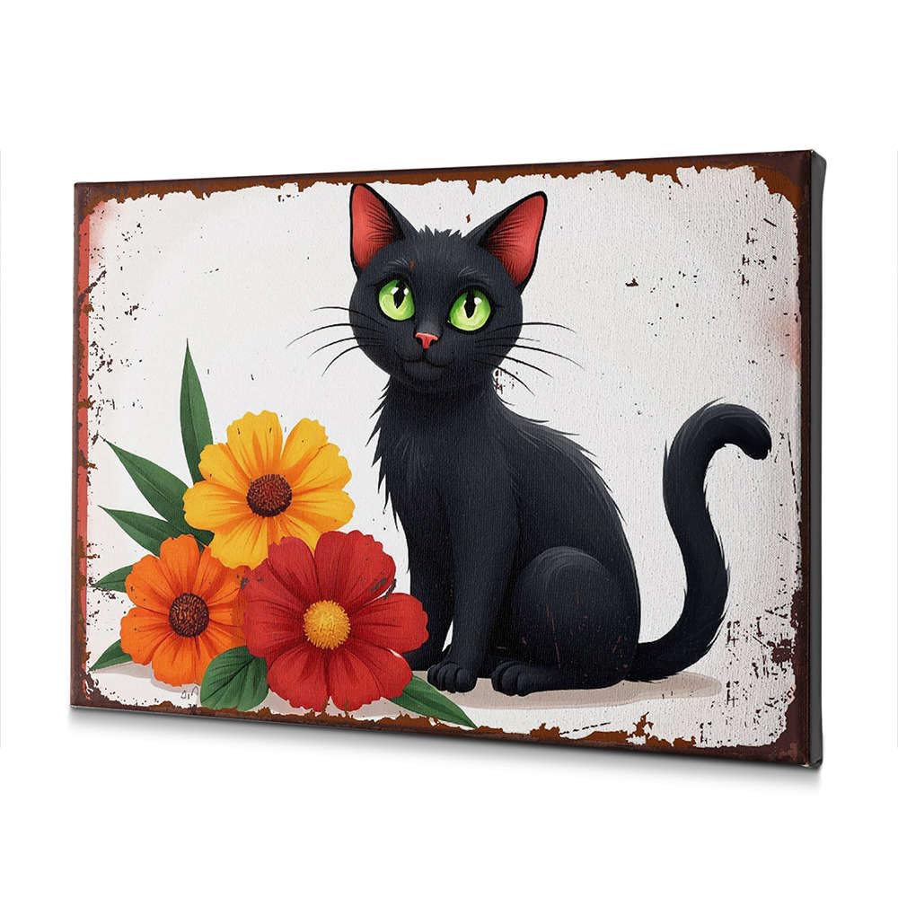 Toile décorative chat noir et fleurs rouges finition premium 30x40 - 5
