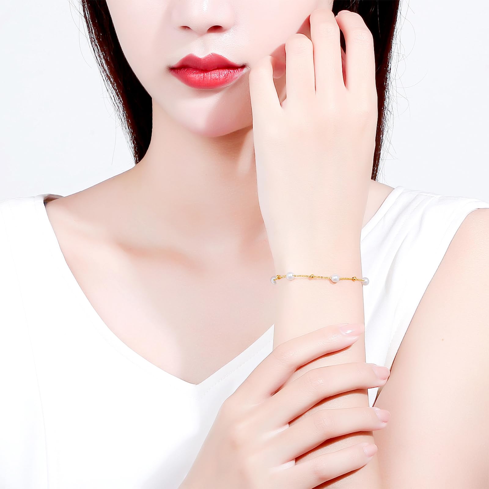 18K Gold Süßwasserperlen Chain Armband 750er Gelbgold Weiß Perlen Link Armbänder Schmuck für Damen Braut Ehefrau Mutter Liebhaber Geschenk Hochzeitstag Valentinstag Geburtstag Jahrestag 16/17/18/19cm