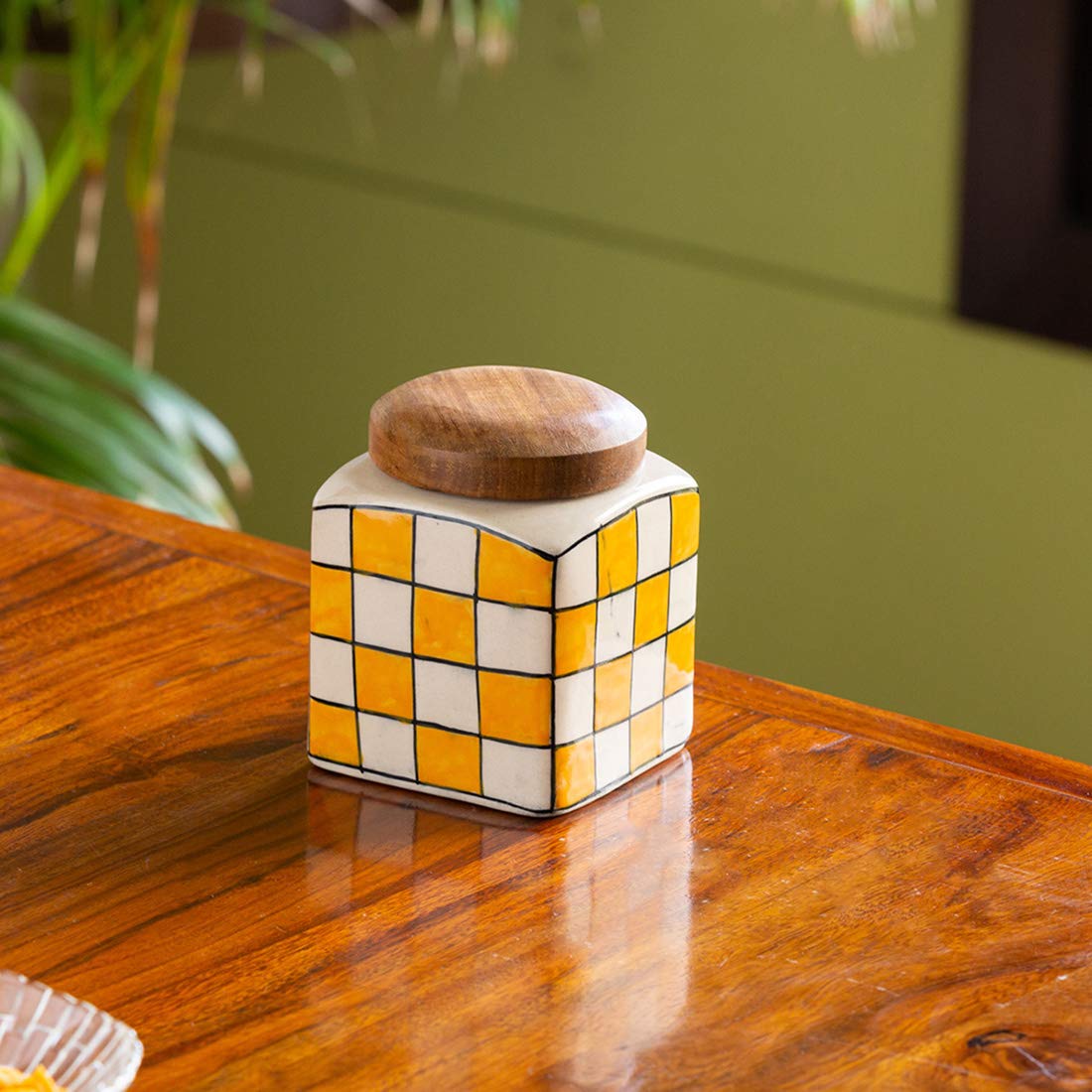 ExclusiveLane 'Shatranj Check' Handpainted Multipurpose Storage Ceramic Jars & Containers with Wooden Lid (Airtight, 480 ML, 4.3 Inch) - Decorative Ceramic Jars for Kitchen Storage Snacks Jar