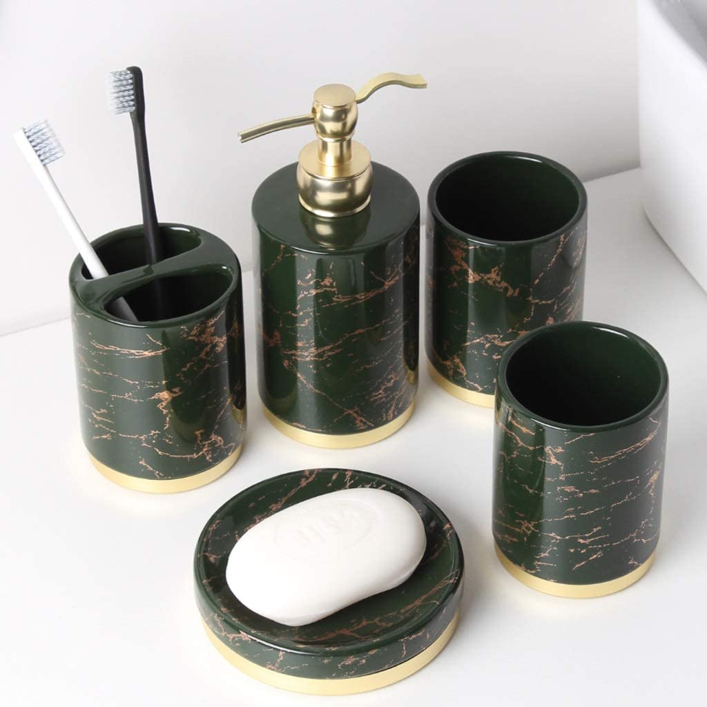 Accesorios de Tocador, Juego De Accesorios De Baño De Mármol De 5 Piezas De Cerámica Que Incluye Jabonera, Soporte para Cepillo De Dientes, Vaso, Dispensador De Loción Juego Decorativo