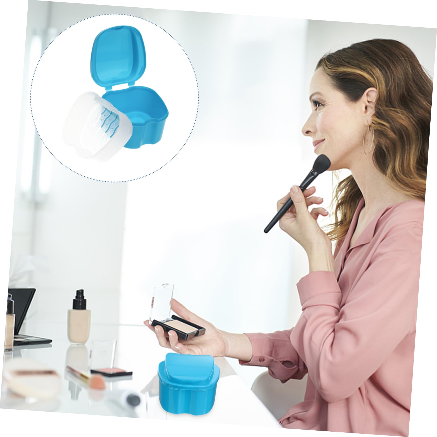 Healeved Boîte Rangement Sécurisé pour Prothèse Dentaire en Pp Bleu avec Panier de Rinçage et Filet Suspendu, Mini Style Européen pour Dentier des Voyageurs