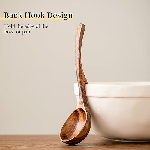Miniatura 4 de Gudamaye Juego de cucharones de sopa de madera de 3 tamaños, 3 ganchos para tazón, olla. Cucharón de madera de teca natural, cucharón grande de sopa