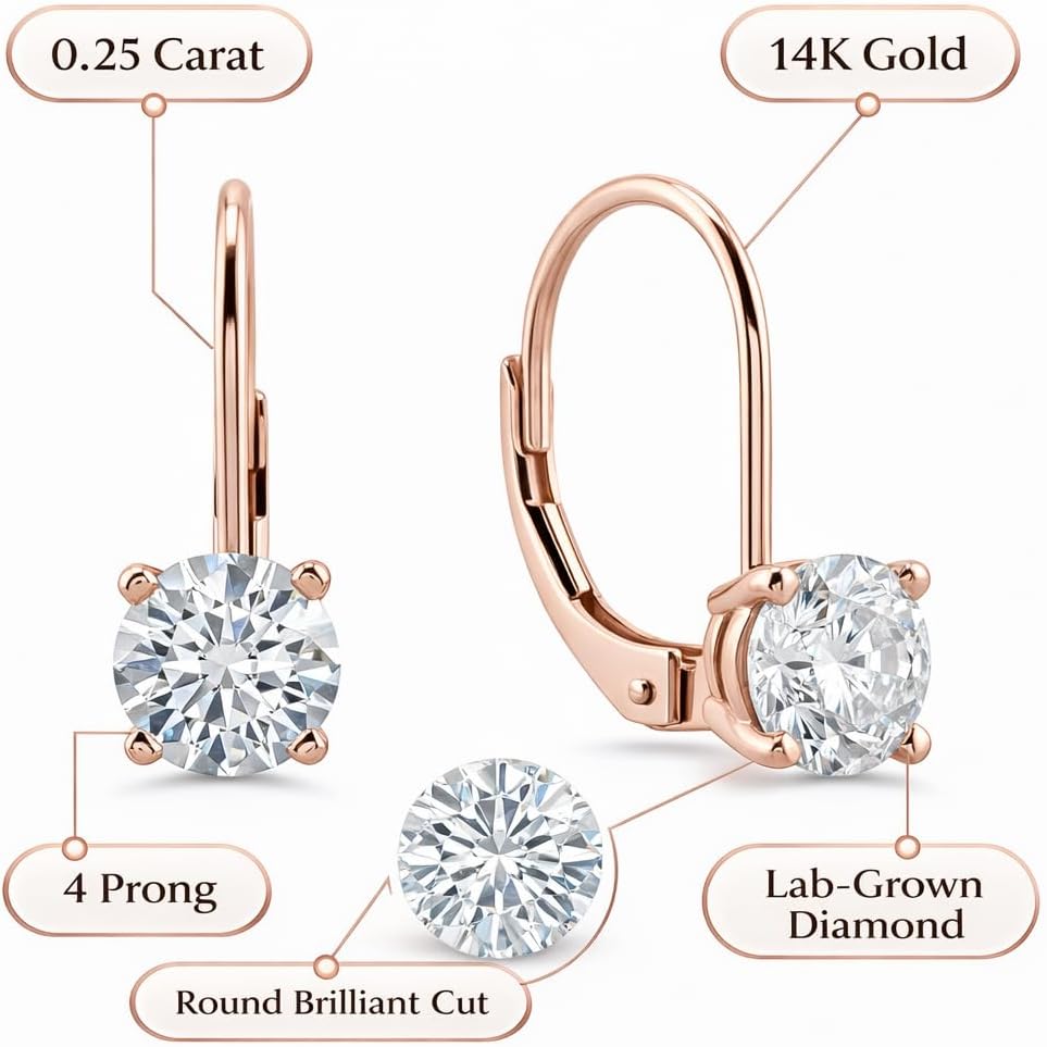 Aone Jewelry 0.25 Carat Lab Grown Diamond Leverback Earrings for Women | Round Brilliant Cut Diamonds | 14K Rose Gold White Gold Yellow Gold | Dangle Drop Earrings