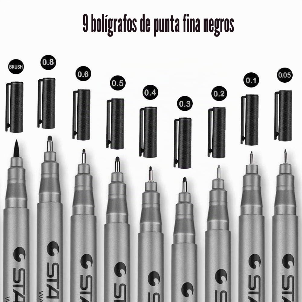 GXR Plumas de Línea Fina, 9 Diferentes Grosores Negro Rotuladores de Punta Fina para Bullet Journal Sketching Dibujo Dibujo Oficina Documentos Cómic Manga Scrapbooking y Uso Escolar (0.05-0.8mm)