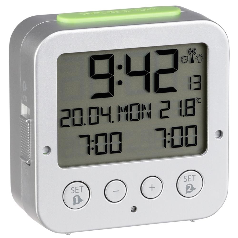TFA Dostmann Bingo Funk-wecker Digital Alarm Clock with Radio-Controlled Time, Plastic, Silver