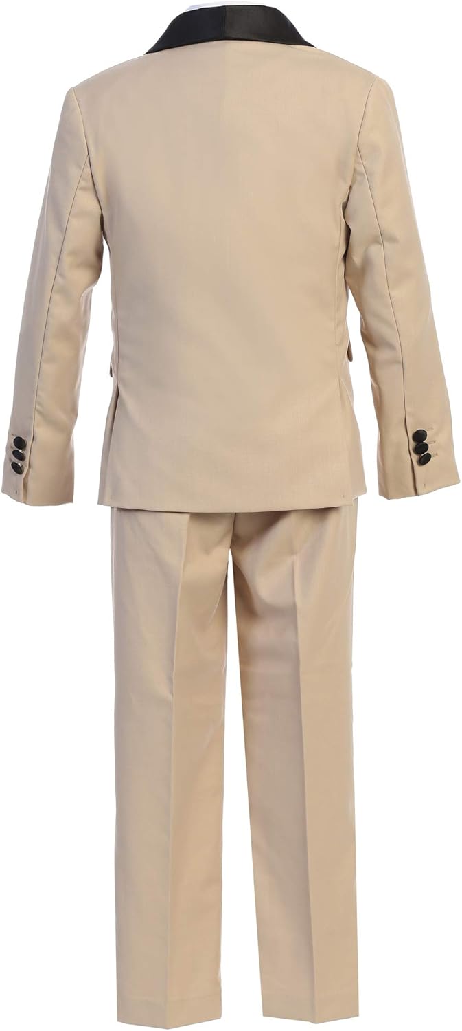 Boys Premium Paisley Patterned and Solid Shawl Lapel Tuxedos - Many Colors (3, Tan with Black Solid)