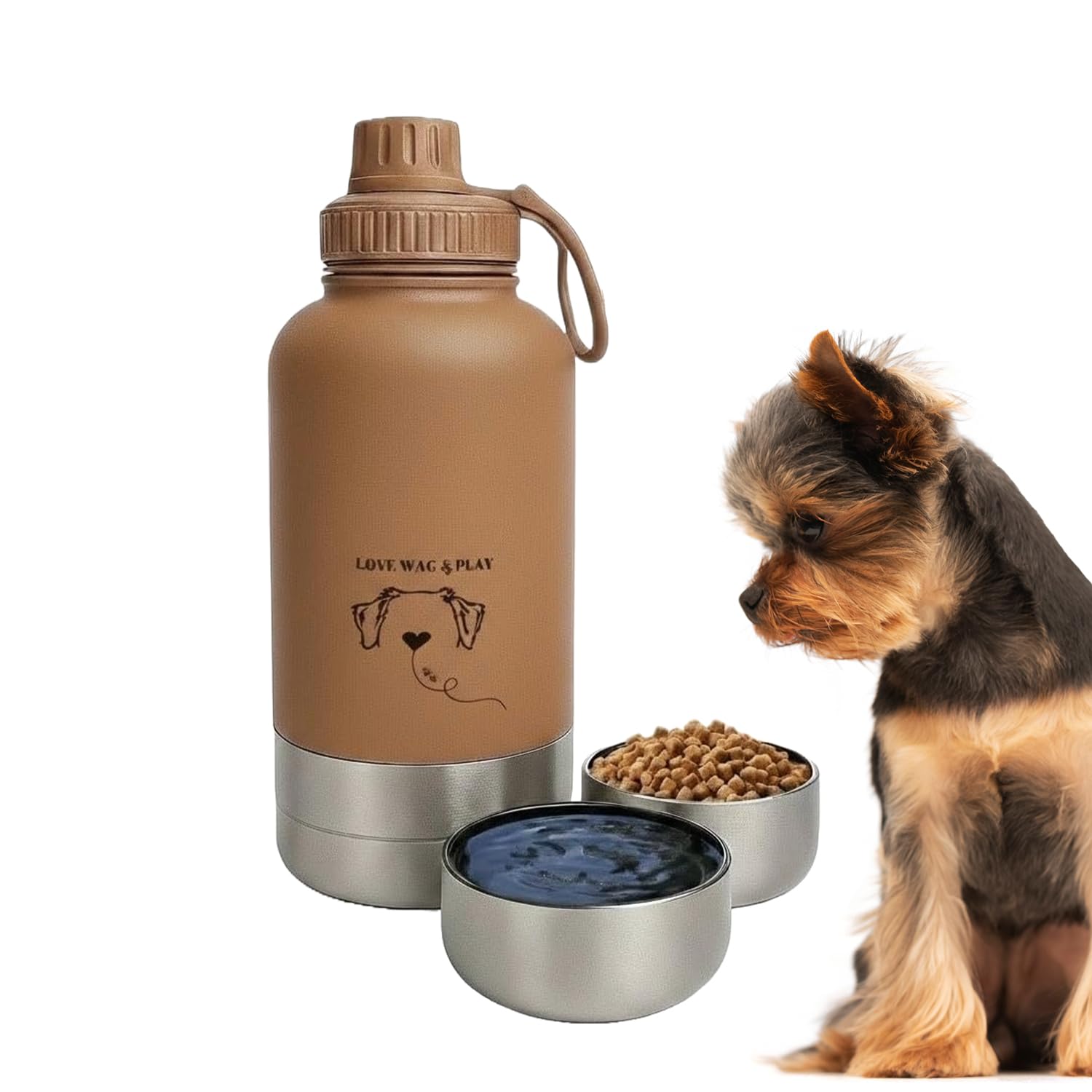 LOVE WAG & PLAY Botella de agua para perros de 32 onzas, botella de viaje portátil 2 en 1 con cuencos integrados, a prueba de fugas, sin BPA, para senderismo, paseos, uso al aire libre (marrón