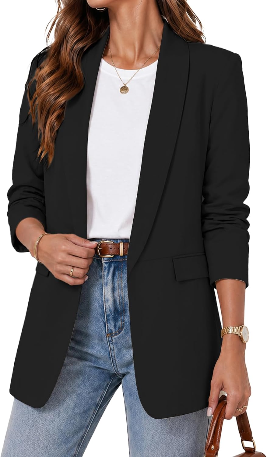 ELLEVEN Womens Open Front Ruched 3/4 Sleeve Blazer
