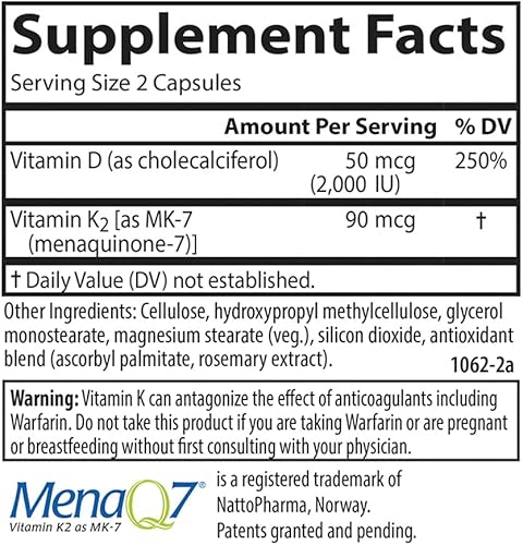 Vista 12 de Carlson - Vitamina D3 + K2, 50 mcg (2000 UI) Vitamina D3 y 90 mcg de vitamina K2 como MK7, soporte óseo, absorción de calcio, 60 cápsulas
