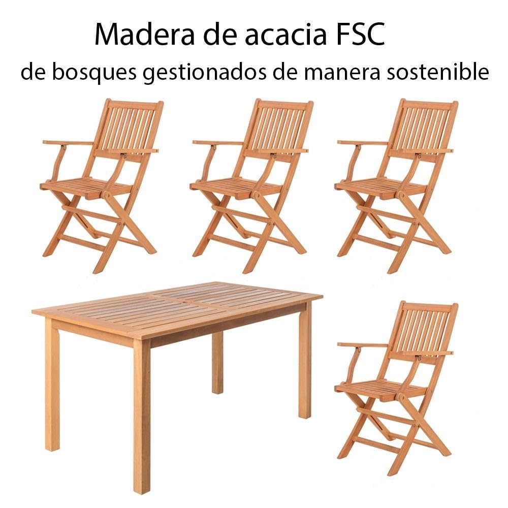 LOLAhome Conjunto Exterior Madera Mesa 140 cm y 4 Sillas Plegables, Kate