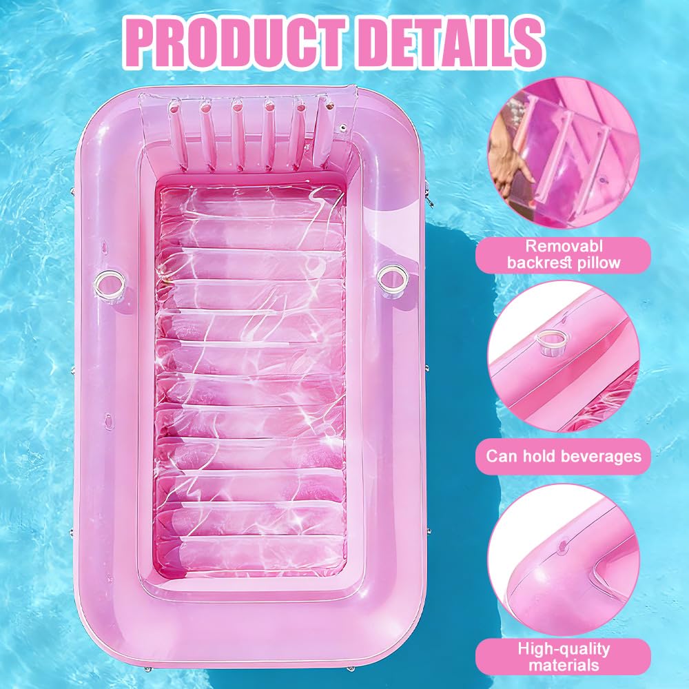 Matelas Gonflable Piscine, 178 x 116 cm Flotteur de Piscine Adulte pour Bain de Soleil, Piscine Bronzage pour Adultes avec Porte-gobelet et Appui-tête pour Fêtes de Plage, Rose