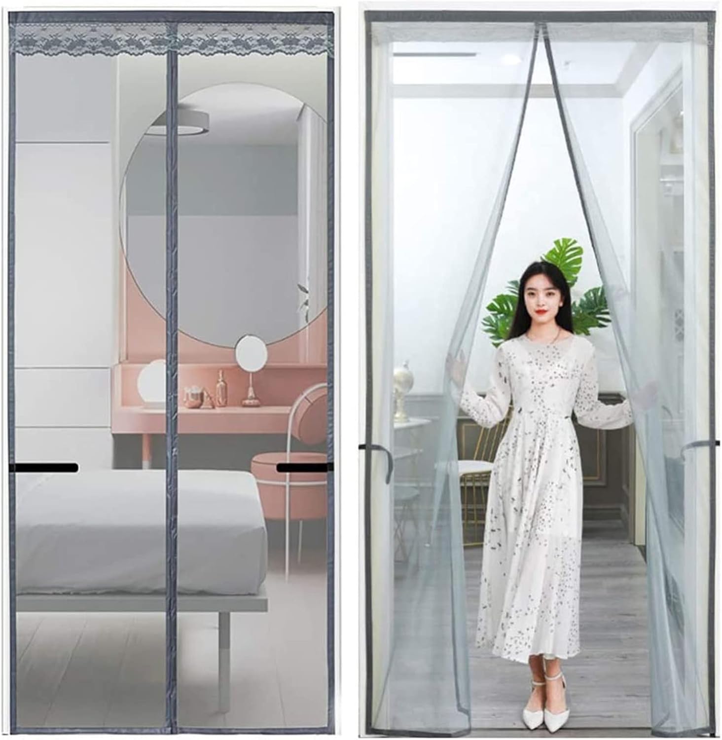Magnetic Screen Door 29.5"x76.8" Gray Heavy Duty Fiberglass Retractable Hands Free Curtain Mesh Partition, Full Frame Self Sealing Easy Install - Pet and Kid Friendly