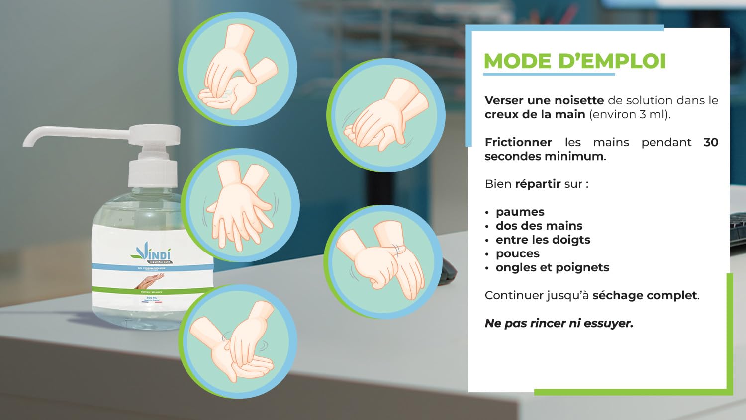 Vindi Désinfectant gel hydroalcoolique - Lot de 5 flacons pompe de 300ml - Fabrication Française - 76% d'alcool - Désinfection des mains - Virucide