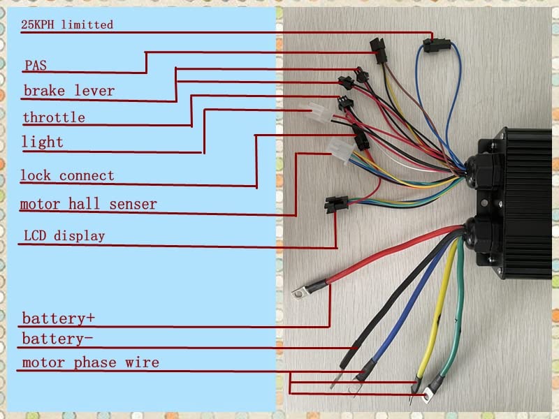 Wiring diagram for the ebike controller showing connections for 25KPH limited, PAS, brake lever, throttle, light, lock connect, motor hall sensor, LCD display, battery+, battery-, and motor phase wire.