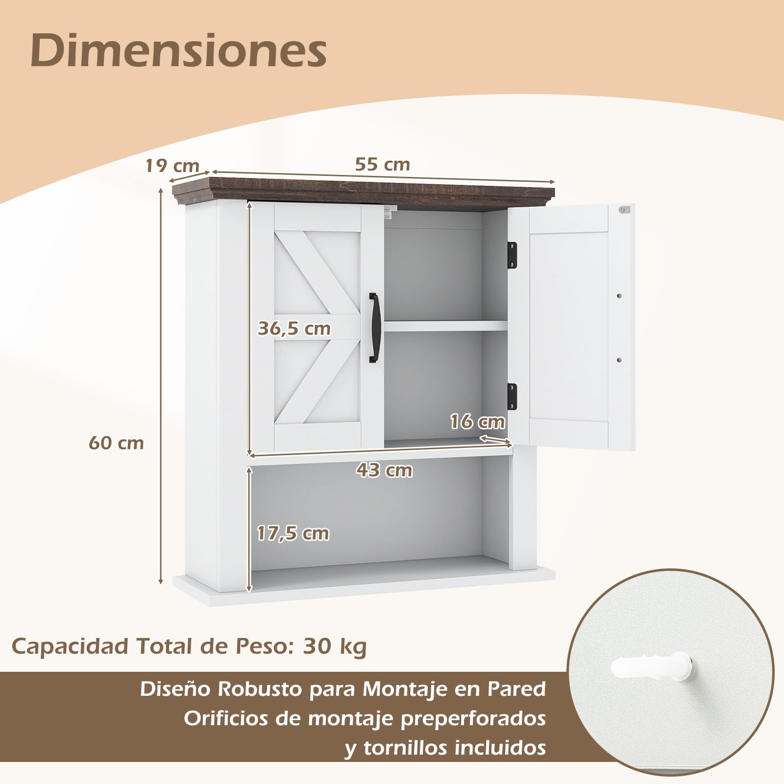 COSTWAY Botiquín con Puertas, Armario de Pared para Baño Estilo Rústico con Estante Ajustable y Compartimento Abierto, Organizador de Pared para Sala, Cocina, Entrada (Blanco)