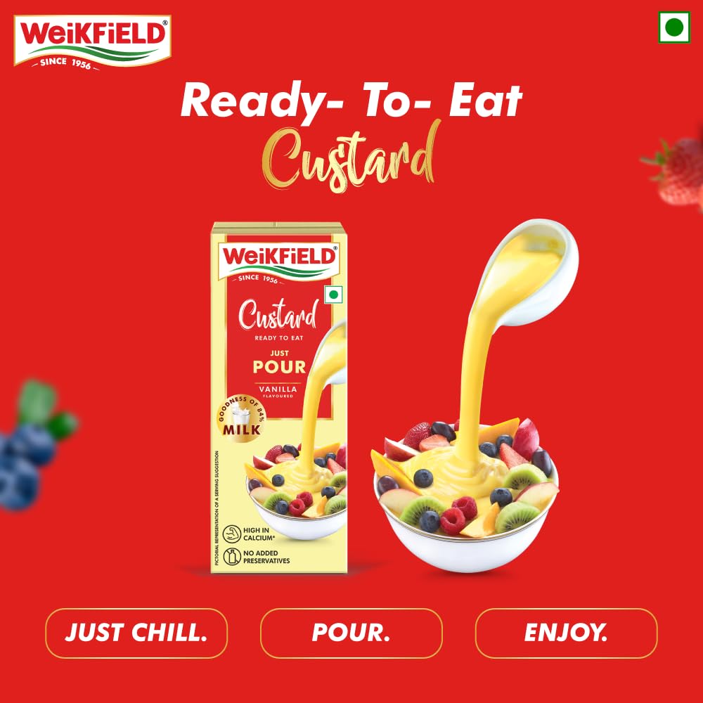 Weikfield Ready to Eat Custard 200 ml Tetra Pack | Vanilla Flavor | Contains The Goodness of 84% Cow Milk | Smooth, Creamy & Delicious Custard | Can be Consumed Hot or Cold | 100% Vegetarian 1