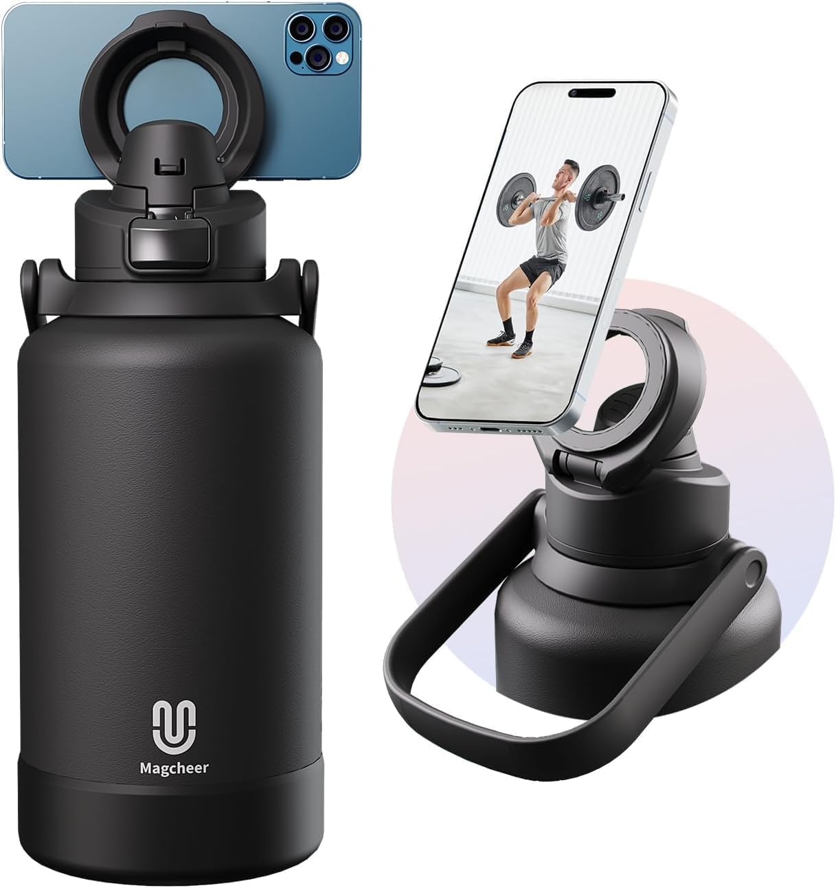magcheer 2L Magnetic Water Bottle with Phone Holder Compatible with MagSafe Insulated Gym Cold Drink Bottle for 48 Hours Tripod Bottle for Travel & Fitness Selfie(Black) โ image 1
