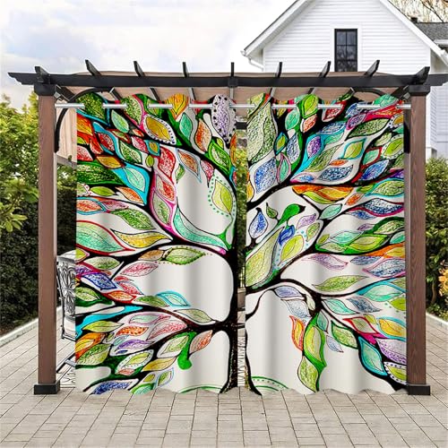 Surwin Outdoor Vorhang Wetterfest, Mehrfarbiger Baum Verdunklungsvorhänge mit Ösen Oben, Balkon Sichtschutz, Vorhänge Blickdicht, Outdoor Vorhang für Balkon Terrasse Veranda (Bunt,106x160cm)