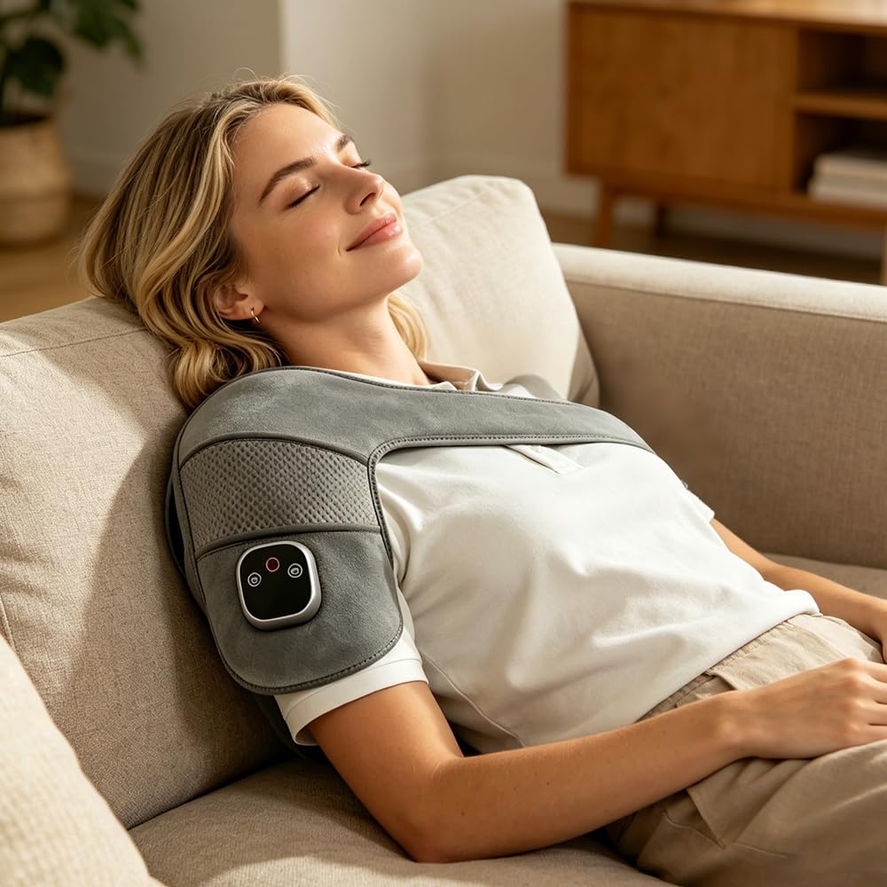 Masseur Epaule, Hewelth Masseur D'épaule Triple Method avec Chaleur et Vibrations, Portable Triple Method Shoulder Massager, Shoulder Massager pour Les Travailleurs et Les Seniors
