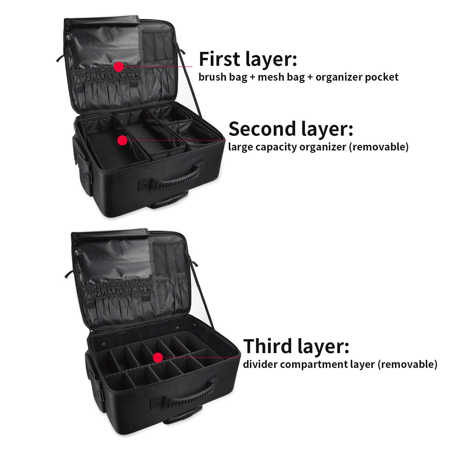 Valigia per cosmetici a più livelli, impermeabile, organizer per trucchi con carrello retrattile, 48,7 cm, Nero
