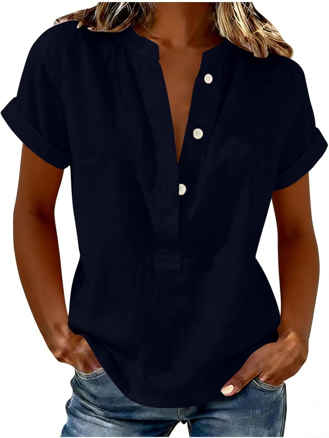 Womens Short Sleeve Tops 2026 Summer Cotton Linen Shirts Loose Fit Casual V Neck Blouses Tee Summer Vacation Clothes