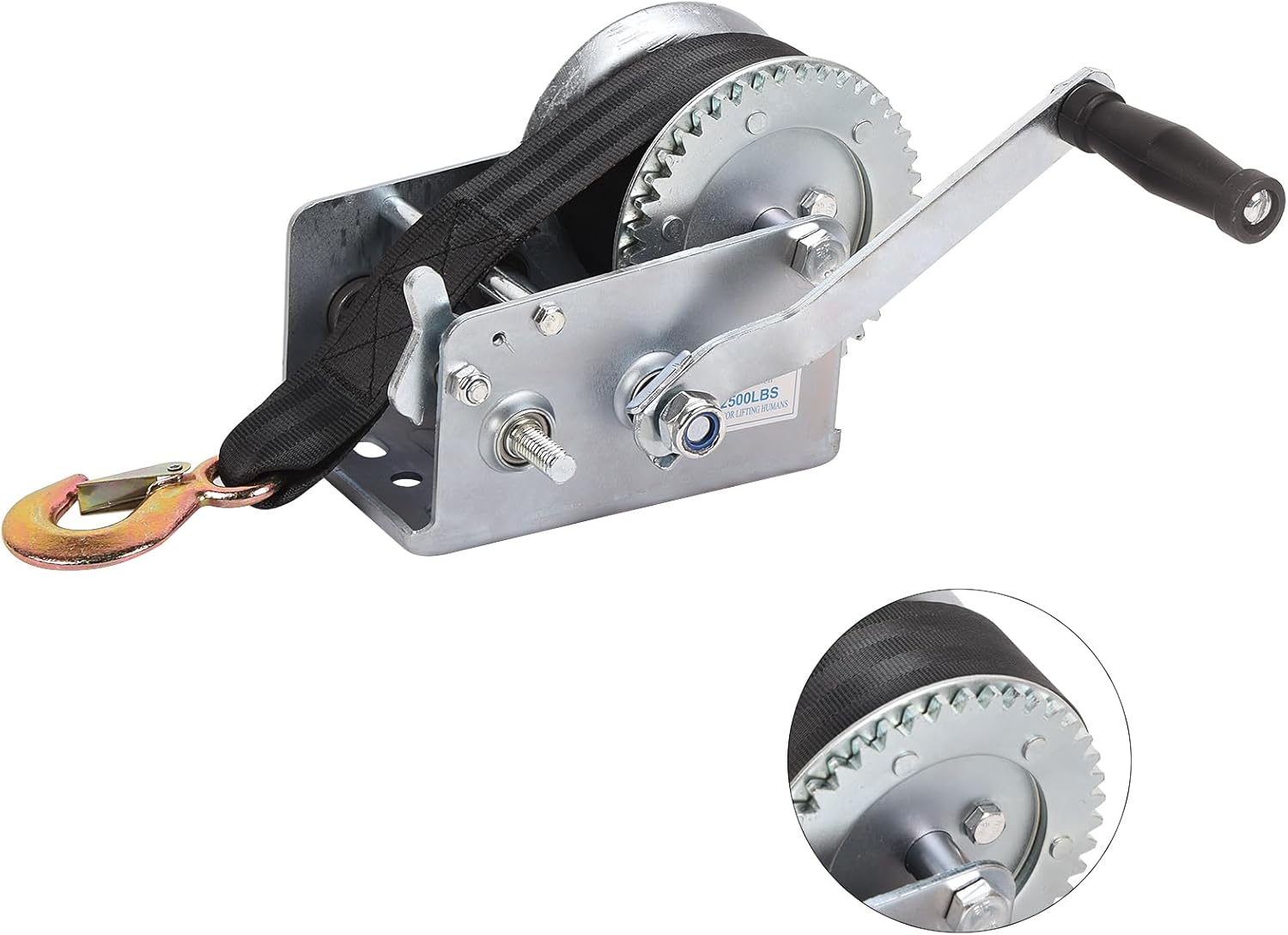 Boat Trailer Winch, 2500lbs Boat Winch Heavy Duty Hand Winch Hook with 22ft Black Strap Hand Crank Ratchet Winch and Ratio 4:1/8:1 Gear 2 Speed Switchable 2 Way for Boat Trailer Marine Truck ATV