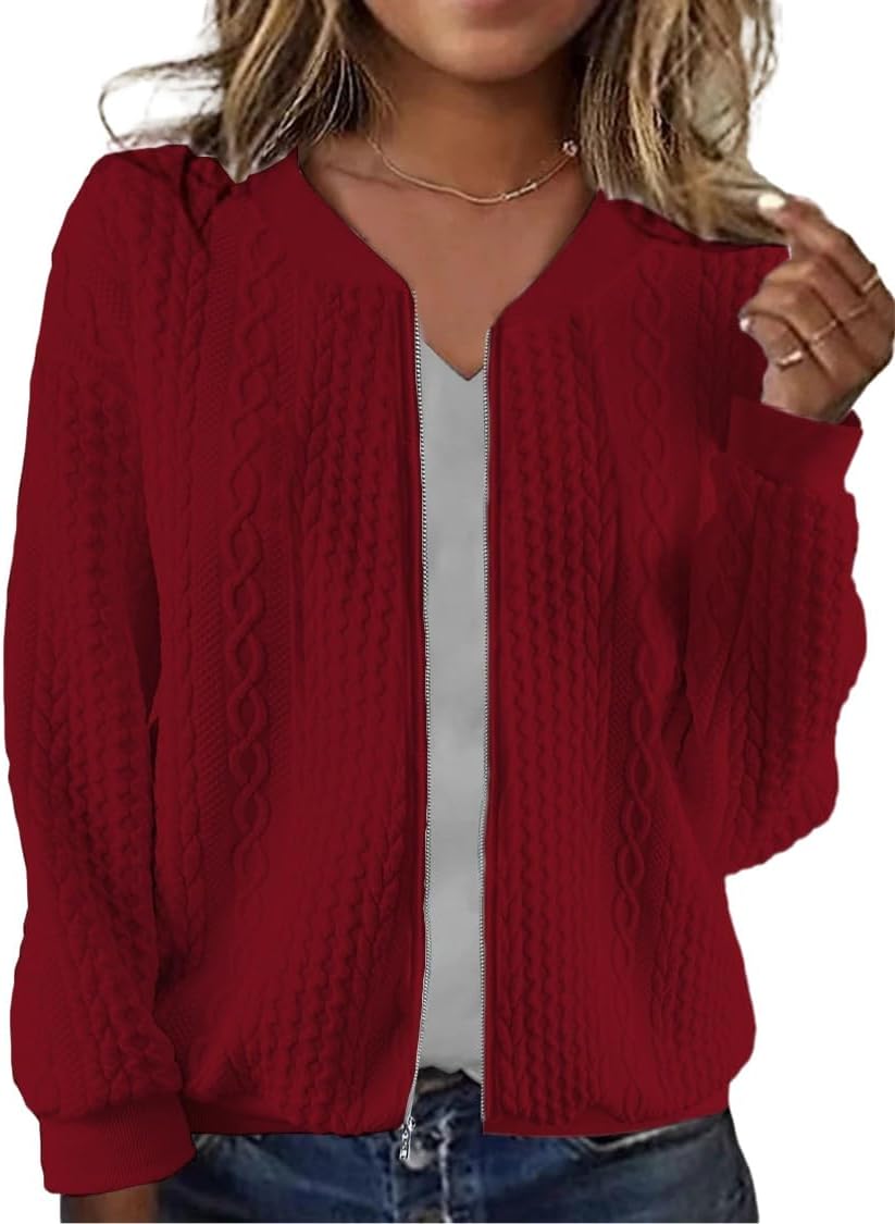 Women's Zip Up Cardigan Sweater Cable Hoodies Long Sleeve Jacket Outfits Crewneck Casual Coat